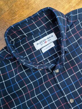 Mizzen Main Mens XL Shirt Navy Window Pane Trim Fit  Made in USA Wrinkle Resist